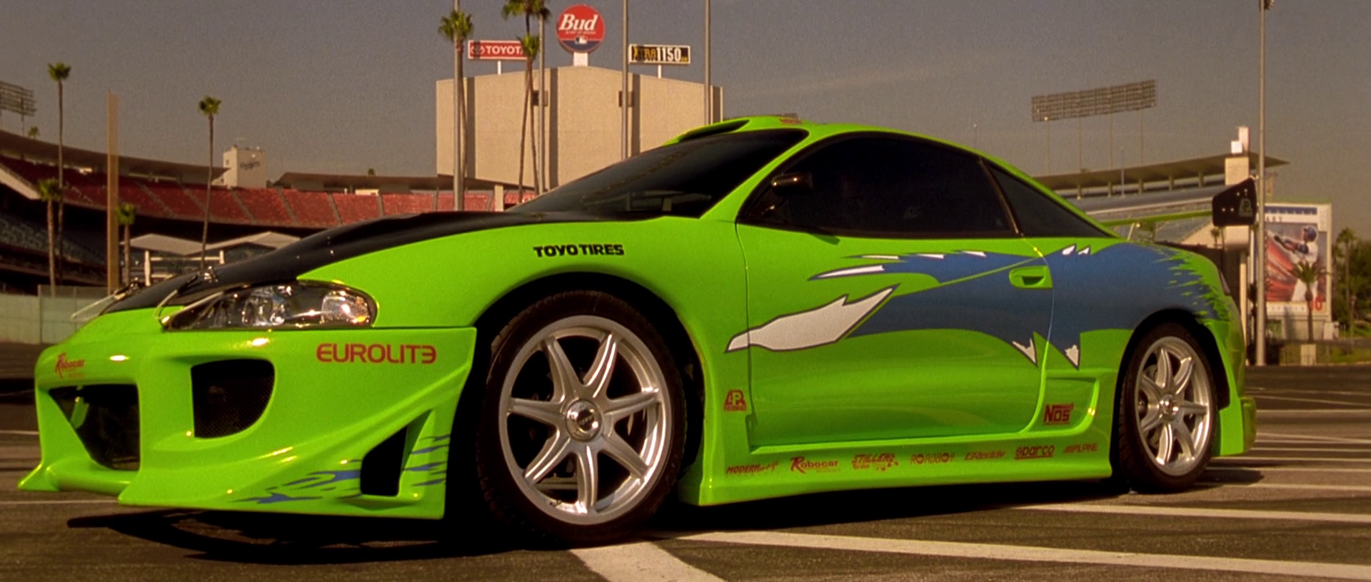 Iconic Green 1995 Mitsubishi Eclipse from Fast and Furious Front 3/4 View