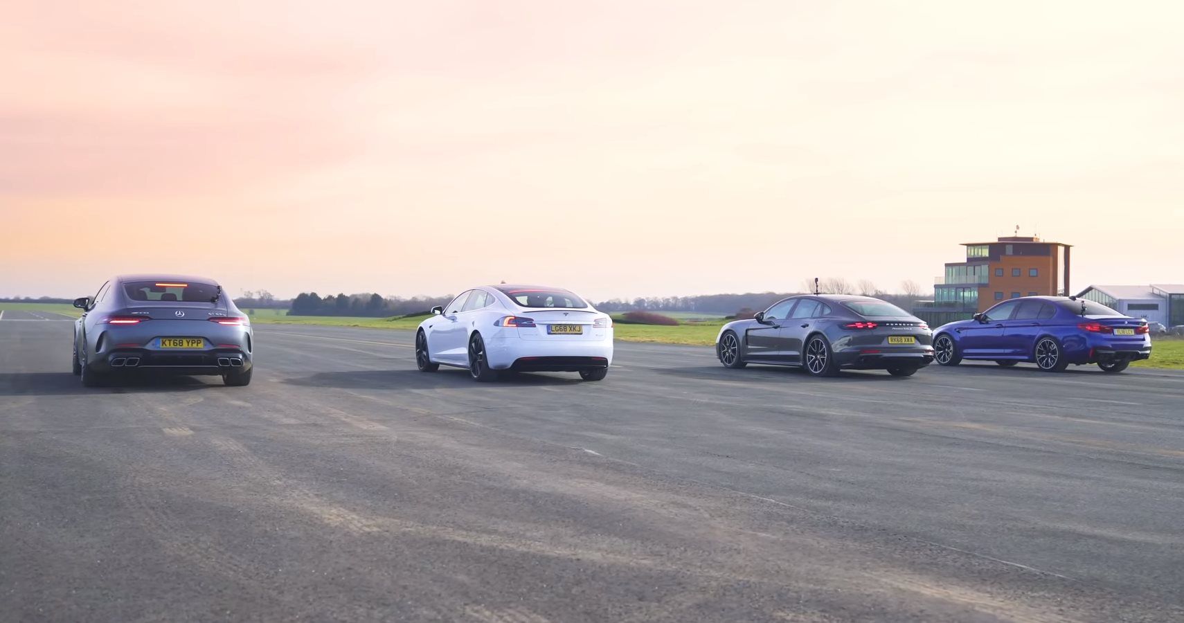 Tesla Model S, AMG GT 63 S, BMW M5, & Posche Panamera Turbo S Compete In Drag Race Action
