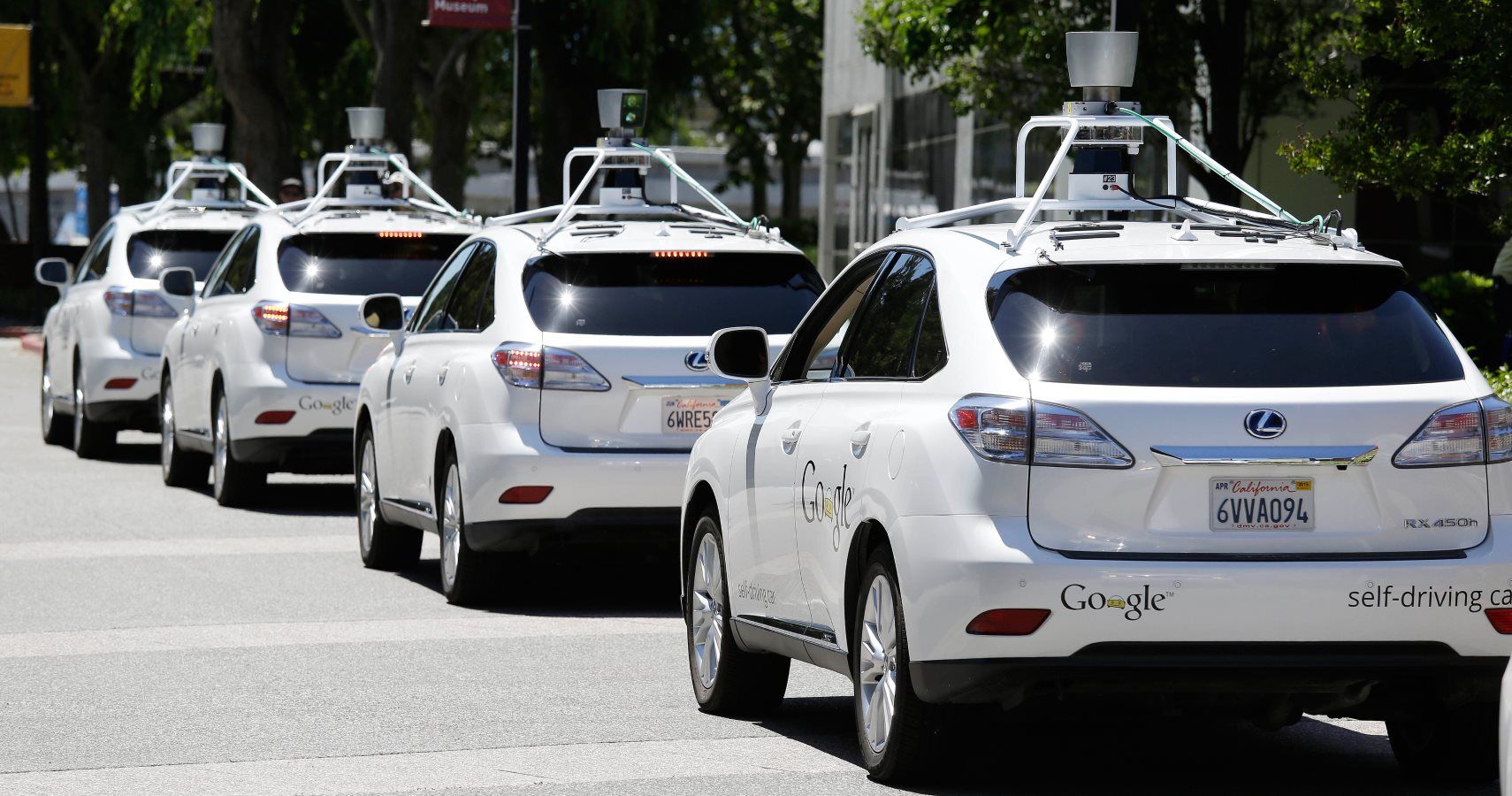 A row of Google self-driving cars in Mountain View, California