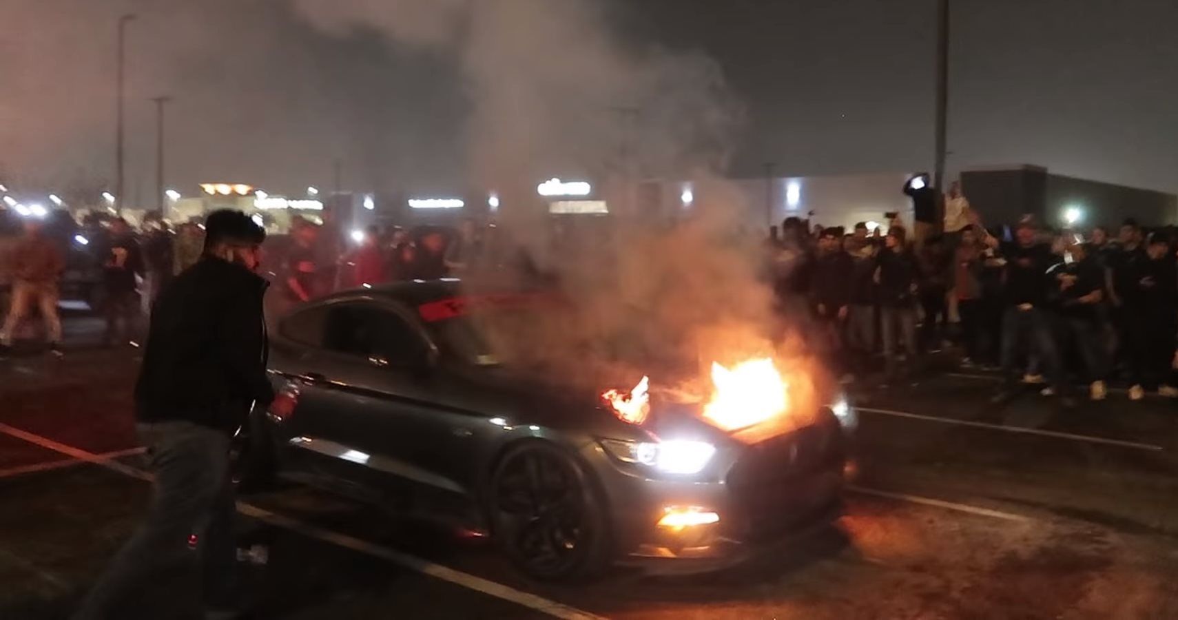 Watch A Mustang Burst Into Flames After Doing Way Too Many Donuts