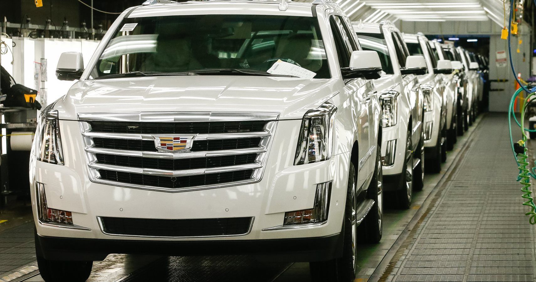 Cadillac Escalade vehicles roll off the assembly line Tuesday, June 25, 2019 as General Motors announces it is investing an additional $20 million at Arlington Assembly to upgrade plant conveyors in preparation for the launch of GM’s all-new full-size SUVs. (Photo by Mike Stone for General Motors)