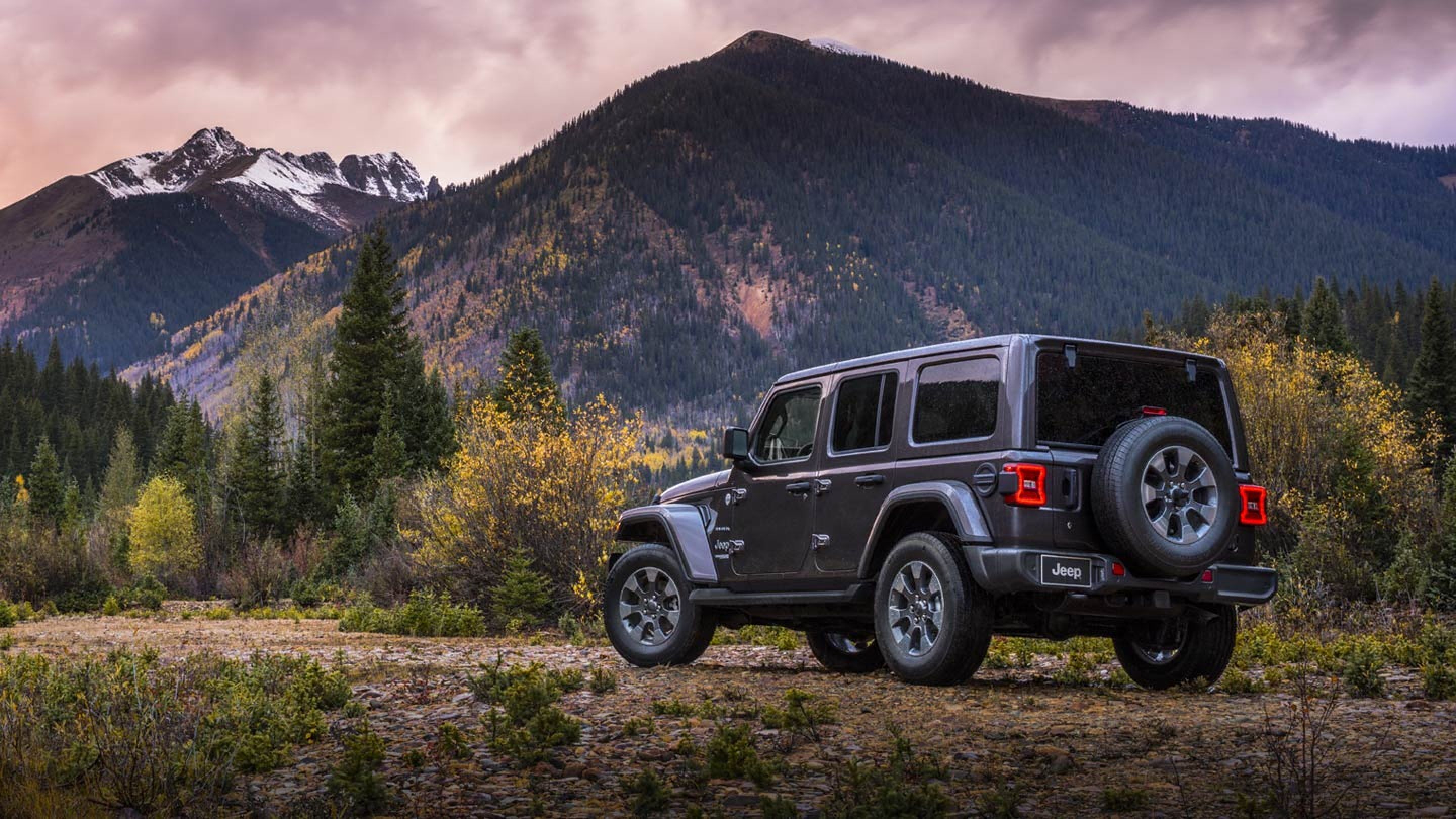 Jeep Wrangler parked on front of mountains
