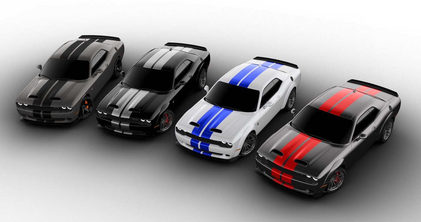 Buyers of the 2019 Dodge Challenger SRT Hellcat now have??more color choices for their dual center stripes.??In addition to the classic look of the Dual Carbon stripes, the 2019 Challenger SRT Hellcat can also be customized with Dual Blue, Dual Red or Dual Silver stripes. Available to order now, the dual stripes package carries a Manufacturer???s Suggested??Retail Price of $995.