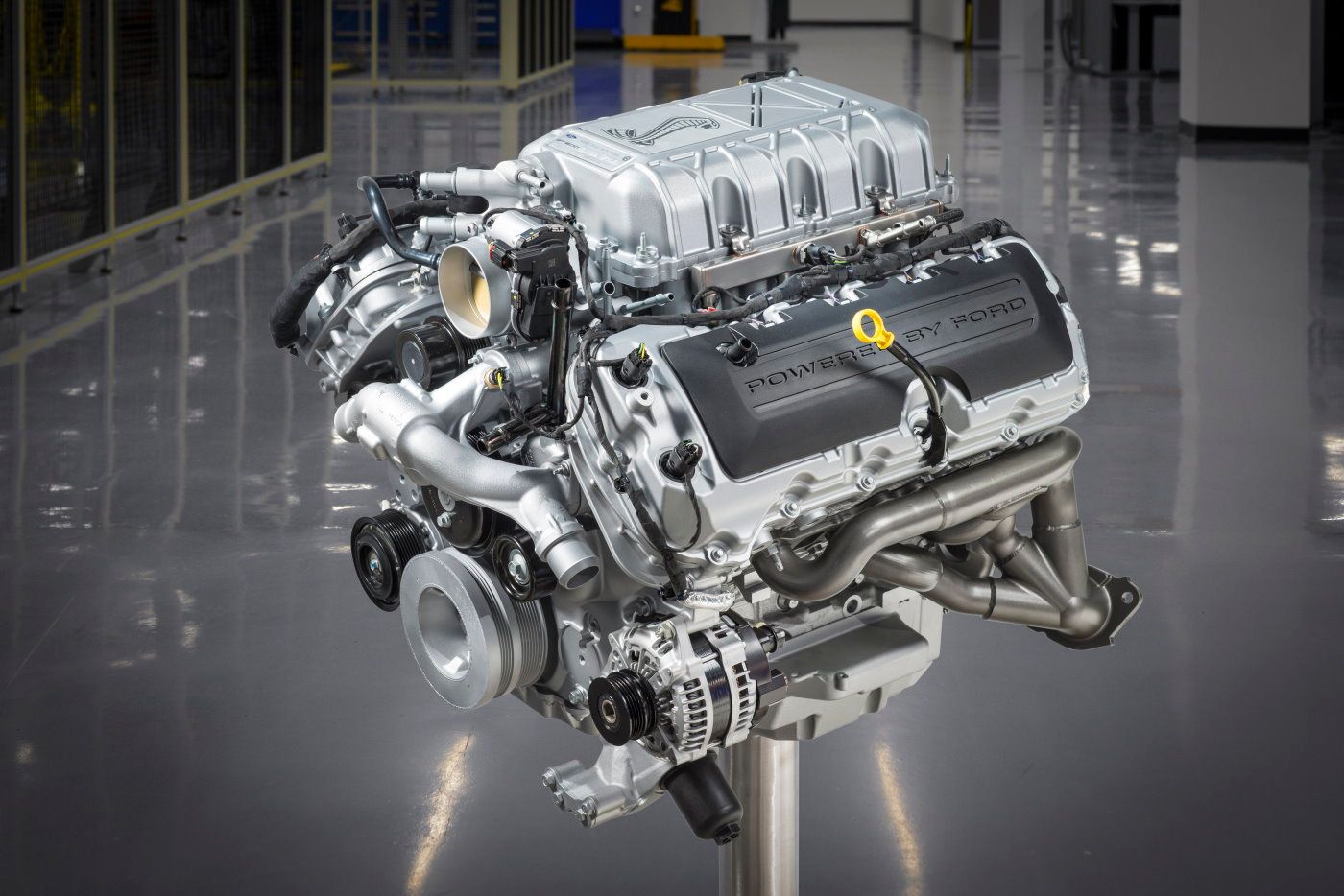 The 2020 Shelby GT500 760-horsepower 5.2-liter V8 engine is the most power- and torque-dense supercharged V8 in the world.