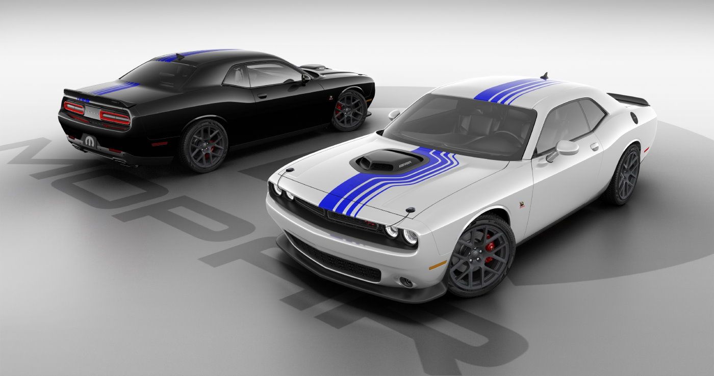 Mopar celebrates a decade of factory-vehicle customization with the unveiling of the Mopar ???19 Dodge Challenger. Based on the 2019 Dodge Challenger R/T Scat Pack, the Mopar ???19 Challenger carries several exterior and interior features only available on this limited production Mopar-branded muscle car. Available in Pitch Black or White Knuckle (shown), the Mopar ???19 Dodge Challenger offers exclusive Mopar Shakedown graphics, Shaker Hood and custom interior appointments.