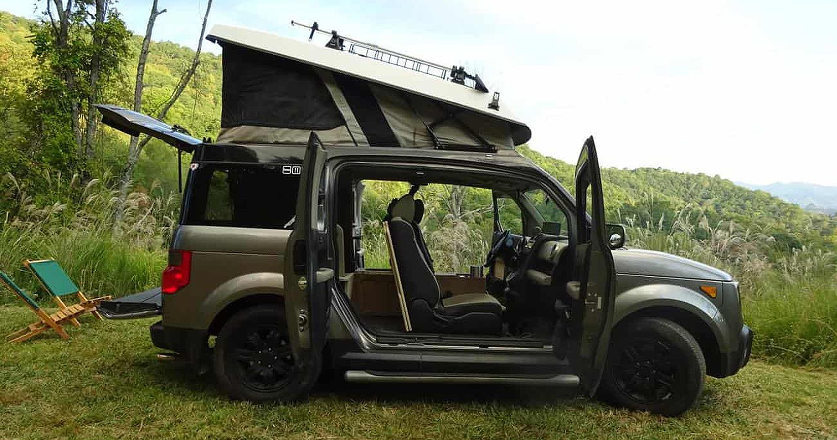 Honda Element in camping mode side view