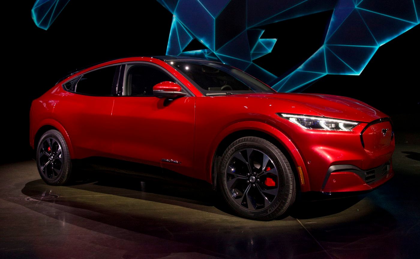 Ford Motor Company introduces the Mustang Mach-E SUV at Jet Center Los Angeles in Hawthorne, California on Sunday, Nov. 17, 2019. Launching in late 2020, Mustang Mach-E will be available in several variations, including an extended-range battery and rear-wheel drive option that has a targeted EPA-estimated range of at least 300 miles.