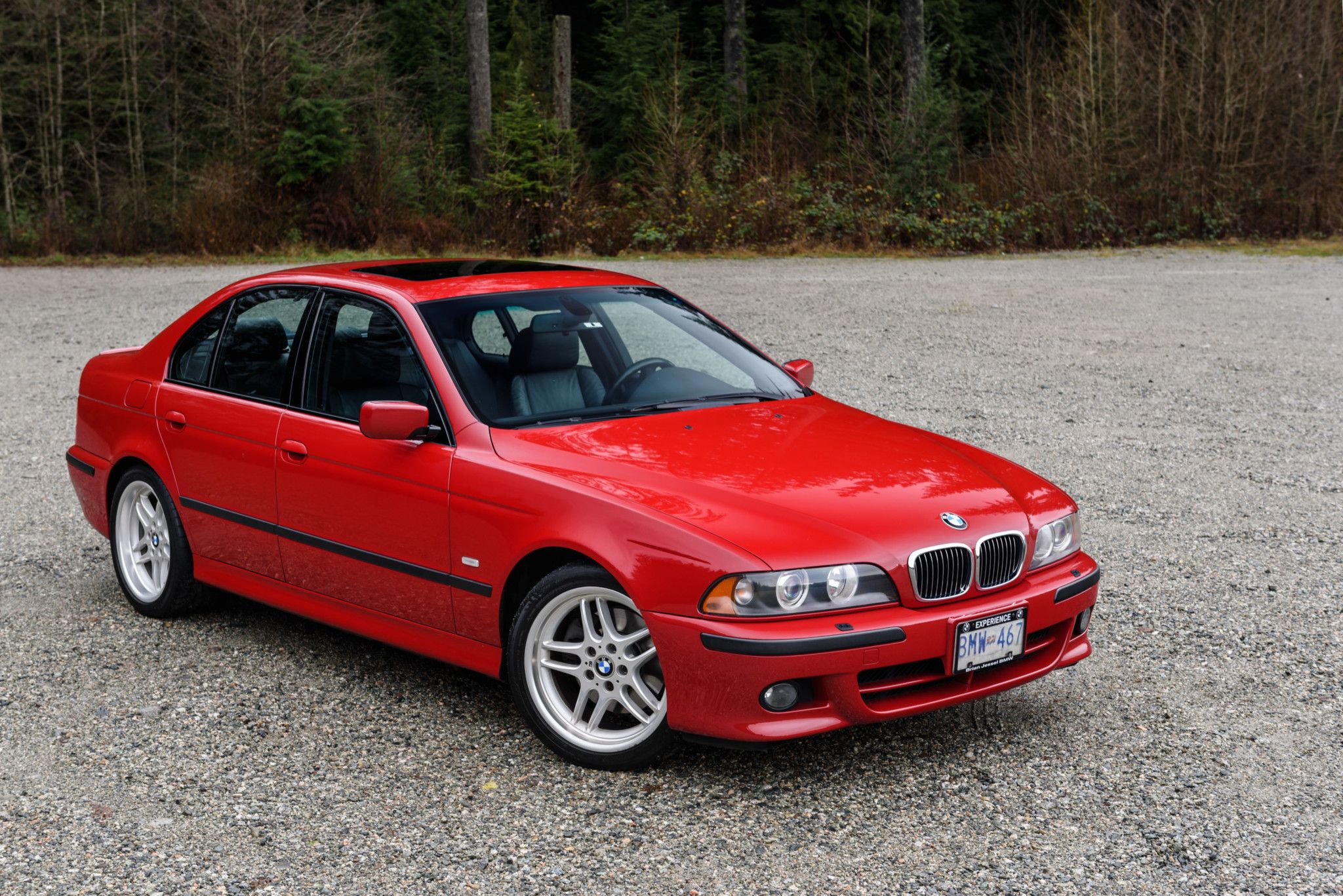 Bright Red 2003 BMW 540i sand and forest