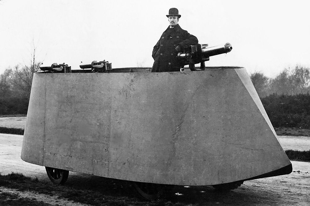 The Motor War Car, so born in 1889, was the first armored car ever made, by a man called Frederick Richard Simms.