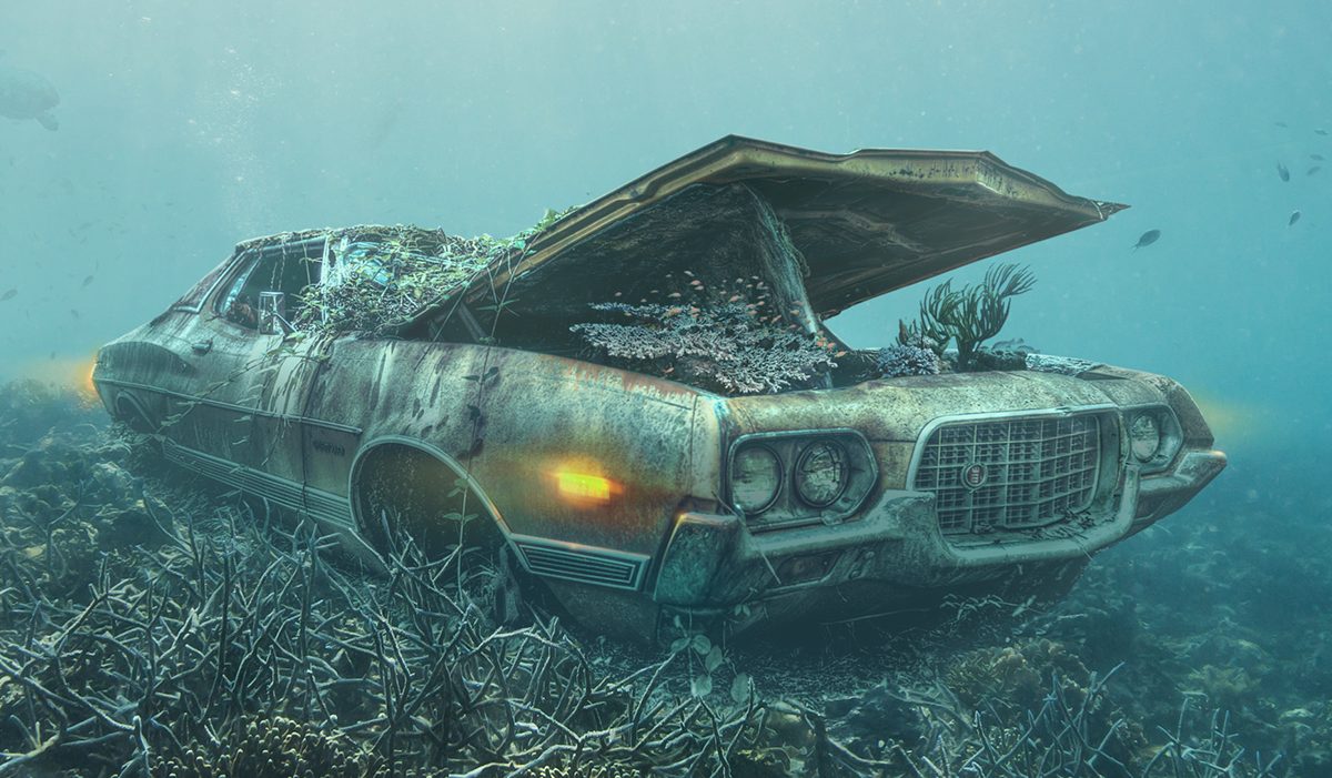 Painting of a muscle car underwater