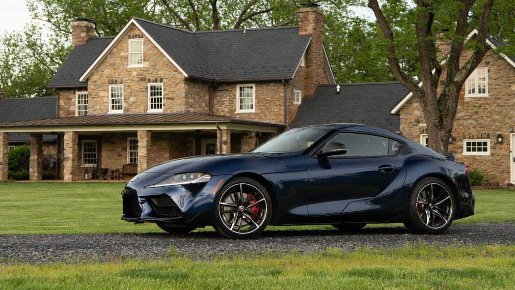 Black 2020 Toyota Supra GR in front of house