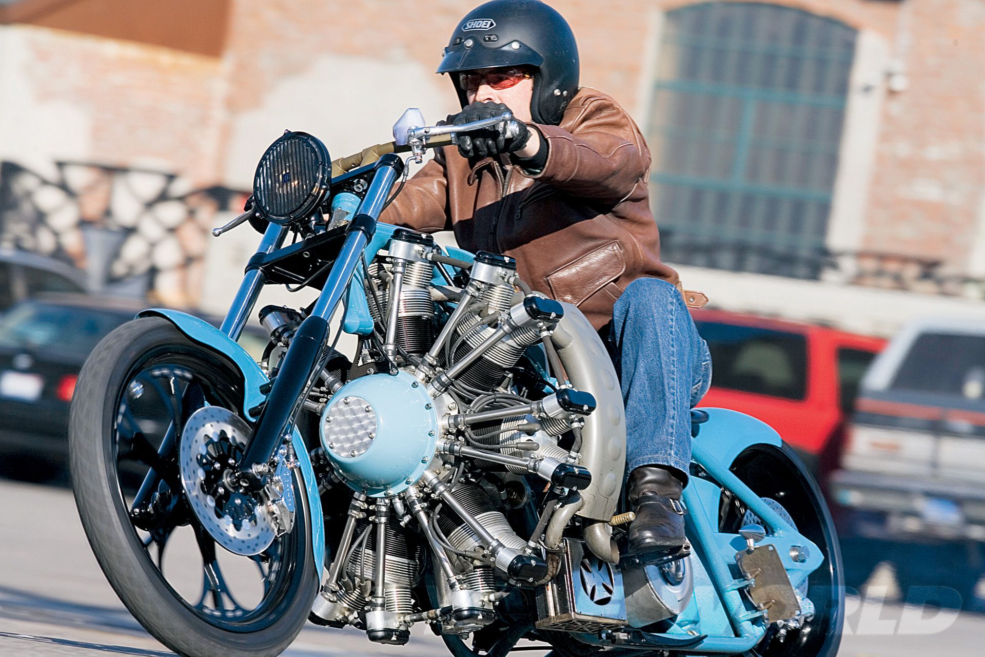 Jesse James Riding Blue radial engine motorcycle