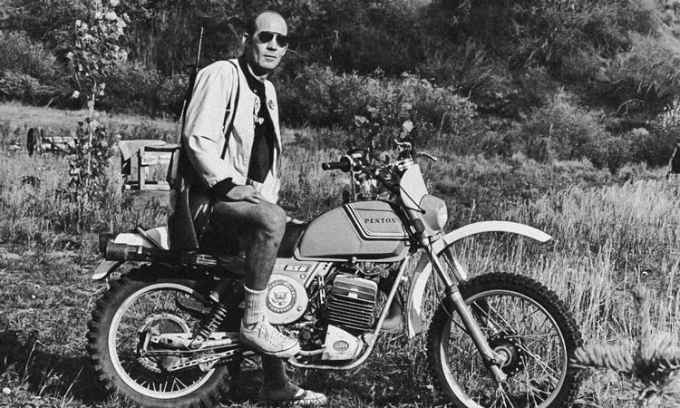 Writer Hunter S. Thompson on his bike. The writer rode with the Hell's Angels in the writing of his book on the club.