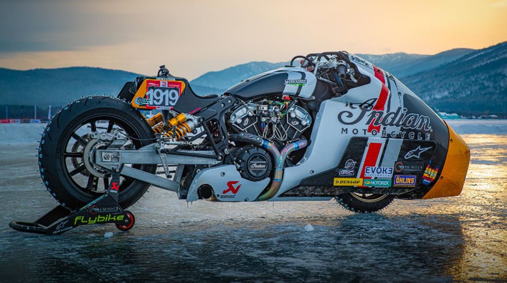 IndianxWorkhorse Appaloose motorcycle at Lake Baikal in Russia