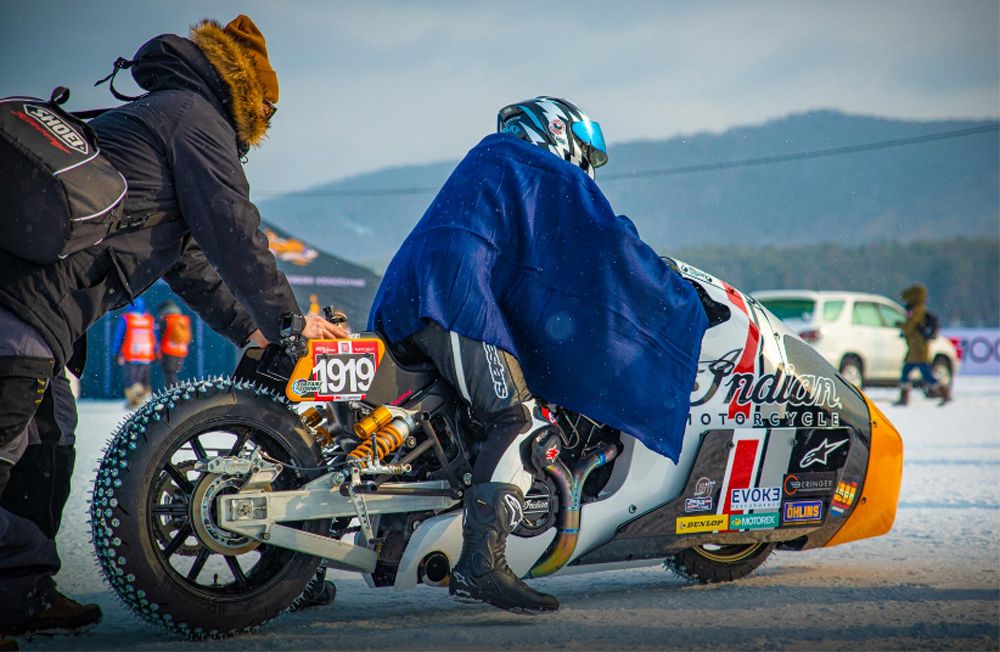 IndianxWorkhorse Appaloose motorcycle prepares for race on Lake Baikal in Russia