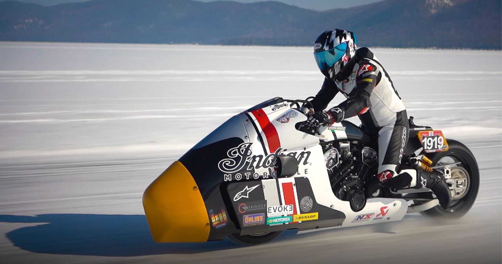 IndianxWorkhorse Appaloose motorcycle racing on Lake Baikal in Russia