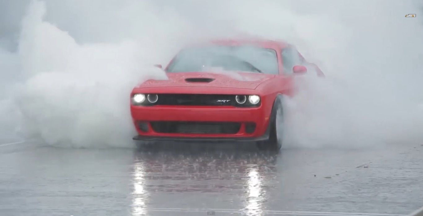 red hellcat in the rain