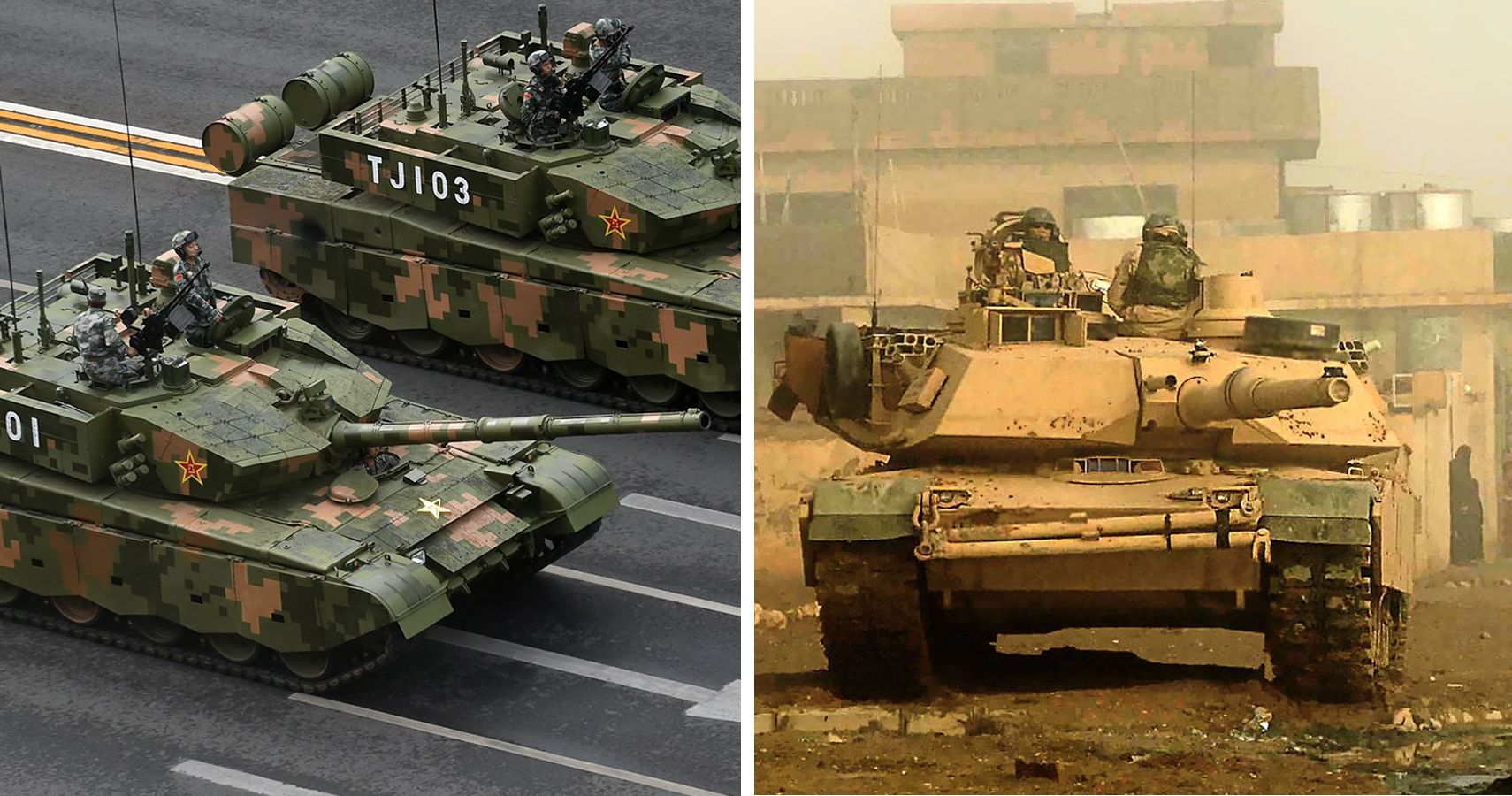 China T99 tanks on parade and US M1 Abrams tank in action