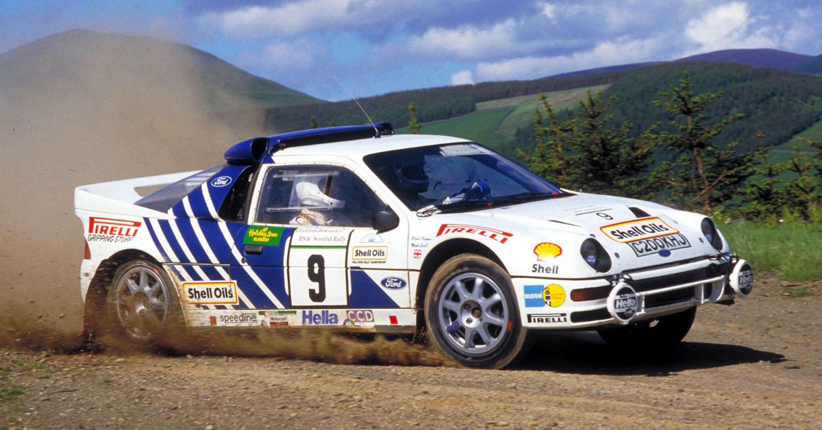 A mid-1980s Ford RS200 rallying