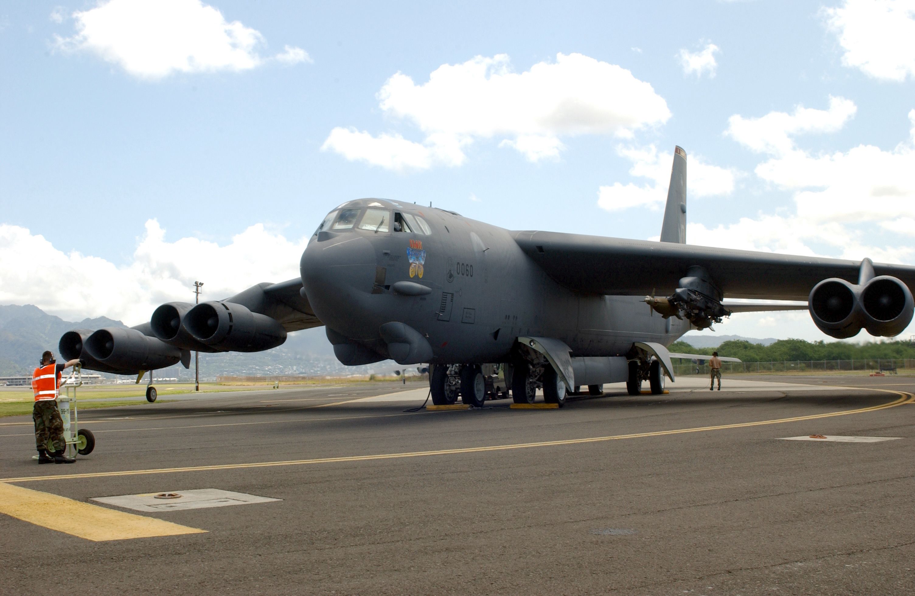 A parked and chocked Boeing B-52H Stratofortress