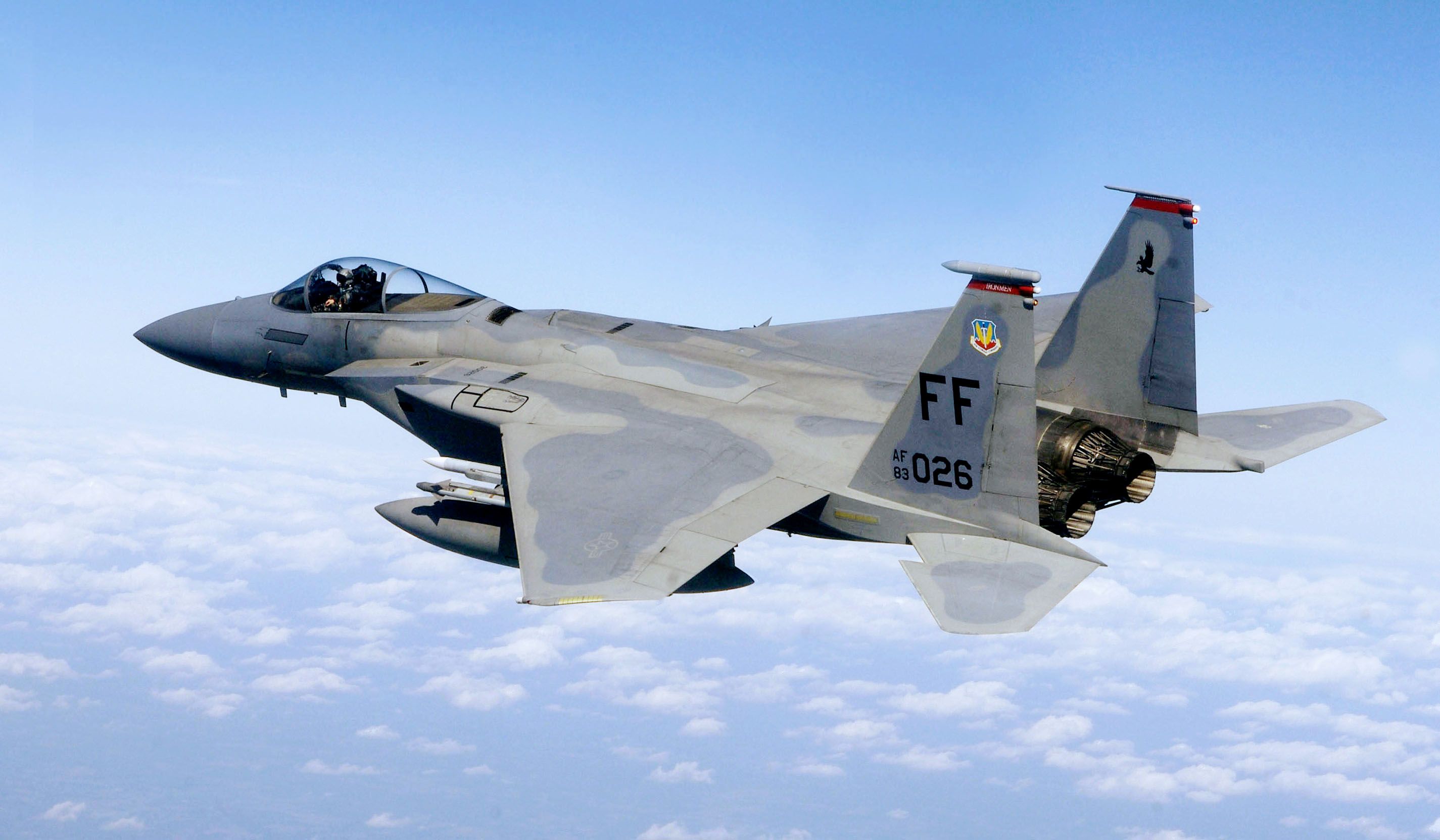 A F-15E Strike Eagle sits high above the clouds