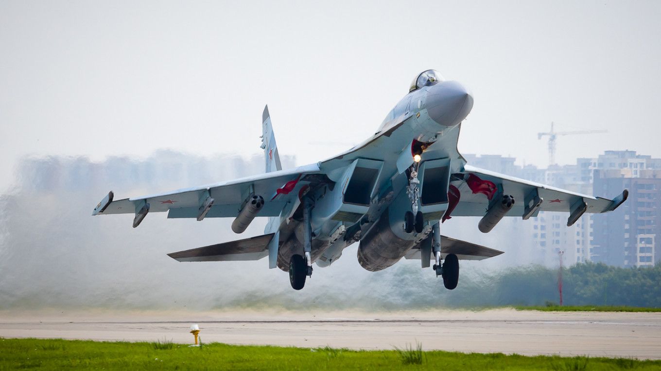 Russian Su-35 plane takes off from runway