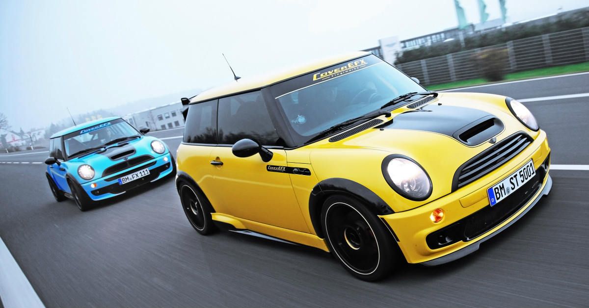 Yellow and blue Mini Cooper S