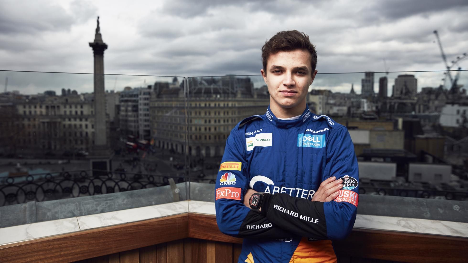 F1 racer Lando Norris poses for interview on a rooftop