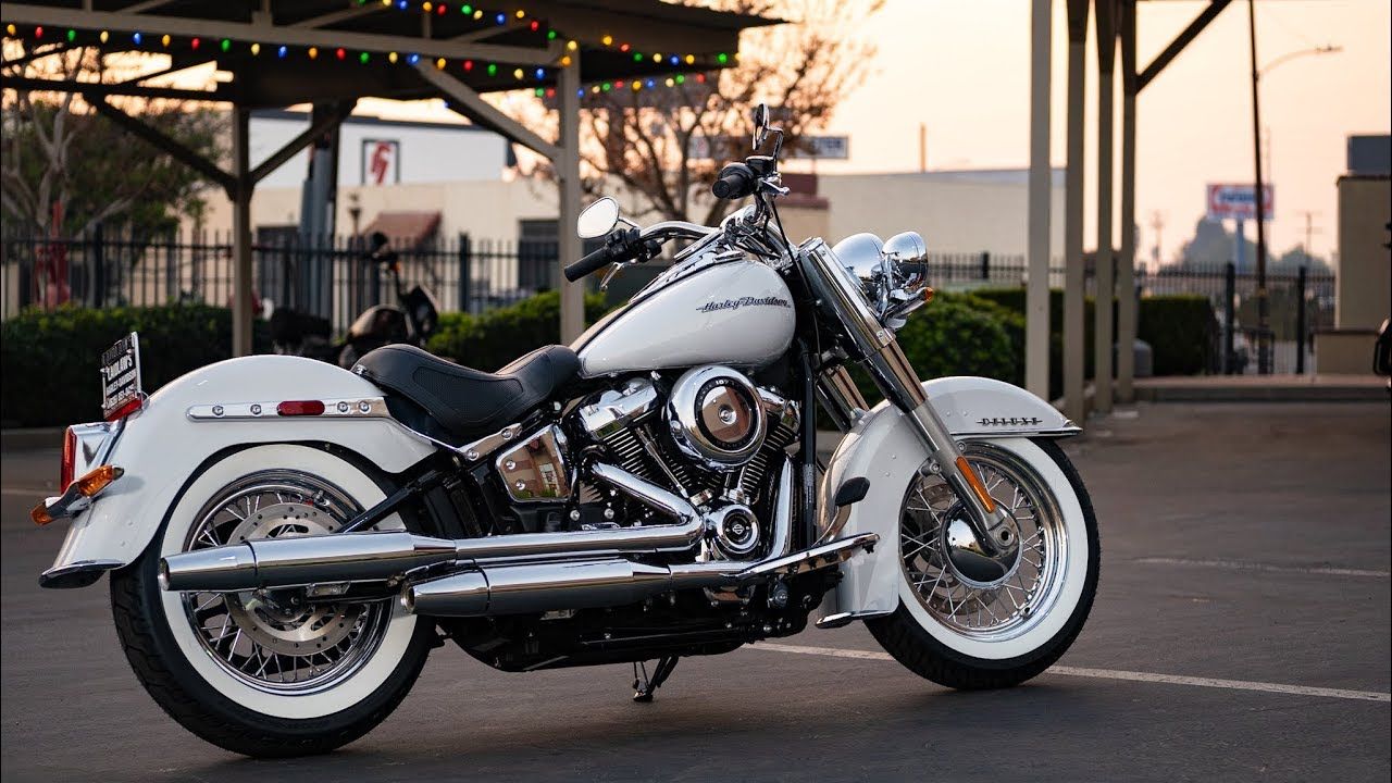 A white themed Harley Davidson Softail Deluxe