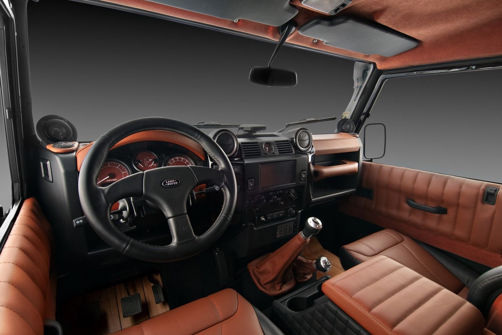 Rich leather upholstery of a Land Rover Defender