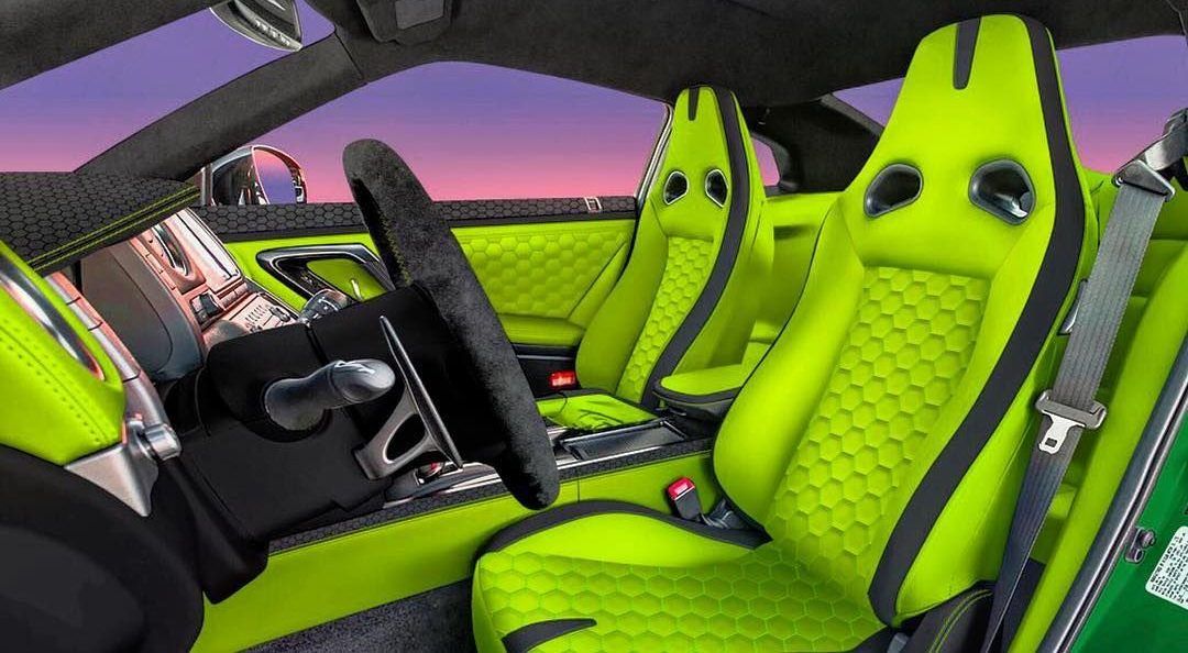 Nissan GT-R custom interior in lime green with black hexagon stitch