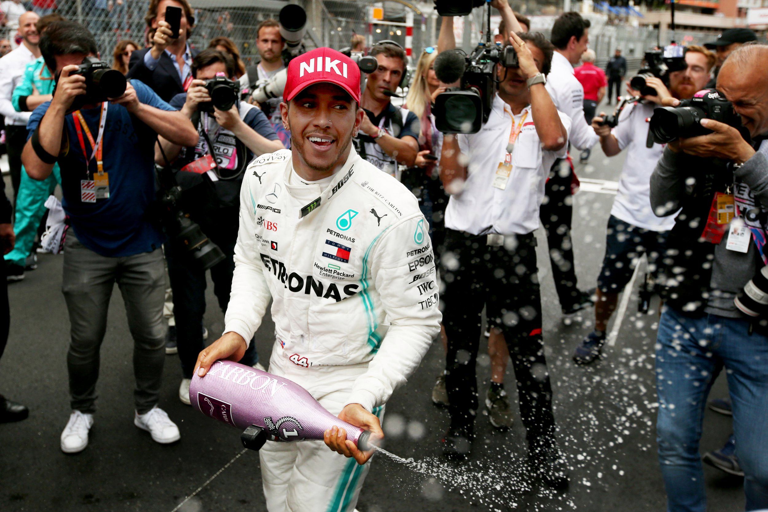 Lewis Hamilton celebrates winning the 2019 Monaco GP