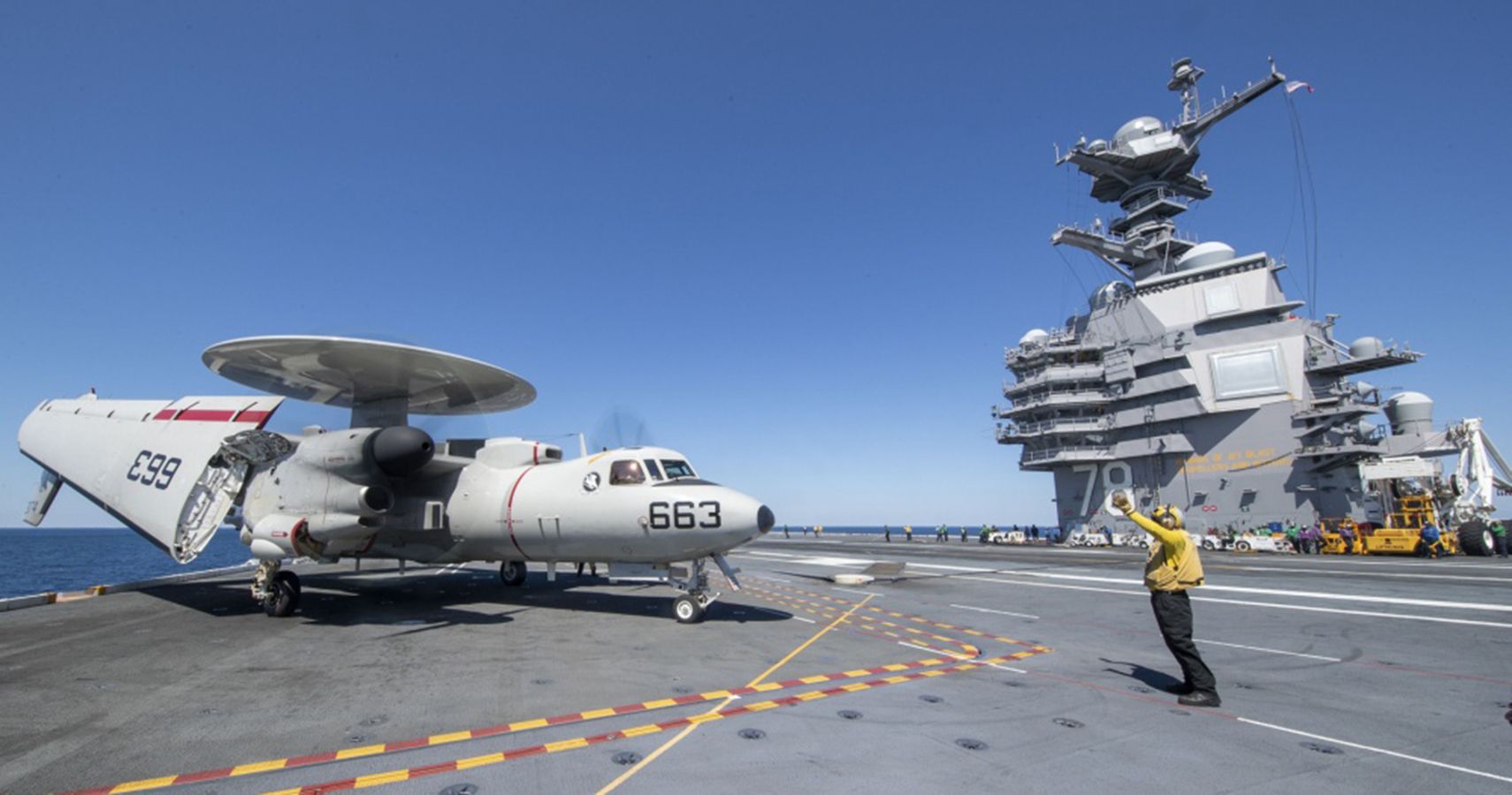 E-2D Advanced Hawkeye taxiing on USS Gerald R. Ford