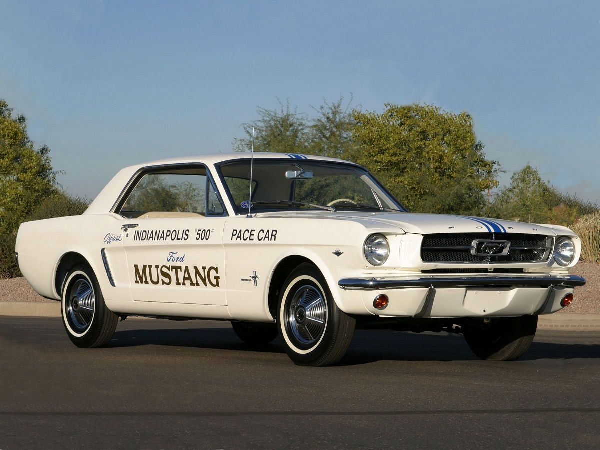 White 1964 Ford Mustang Indy 500 Pace Car on the tarmac