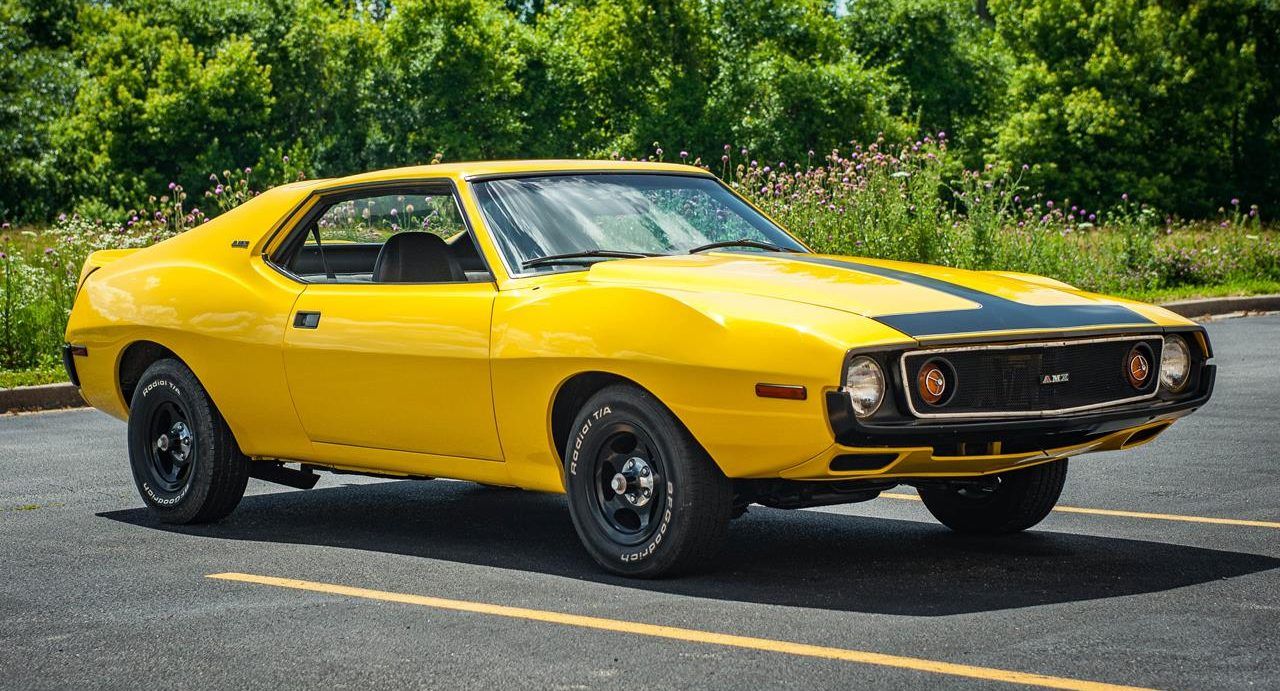 A 1974 AMC Javelin in yellow with black trim