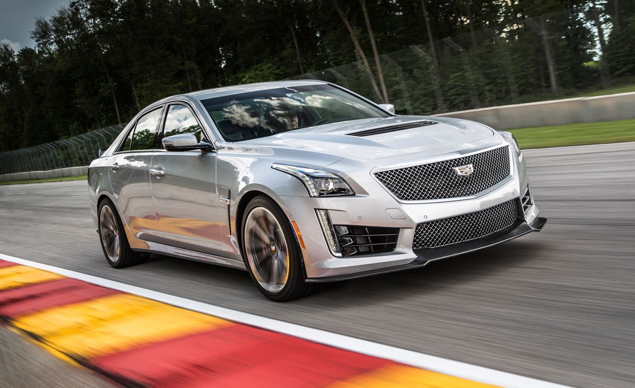 Radiant Silver Metallic 2016 Cadillac CTS-V colors speeding on a race track