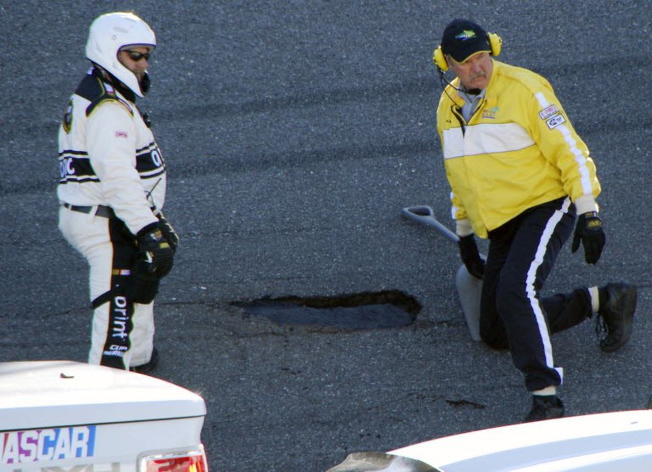A picture of the infamous 1994 Daytona 500 pothole that halted the race
