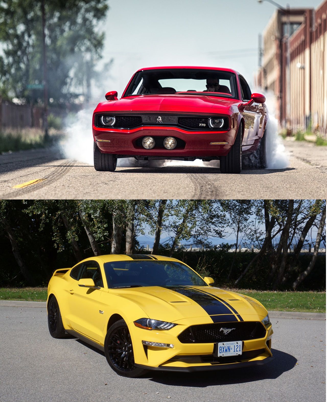 Red Equus Bass 770 and a 2020 Ford Mustang GT