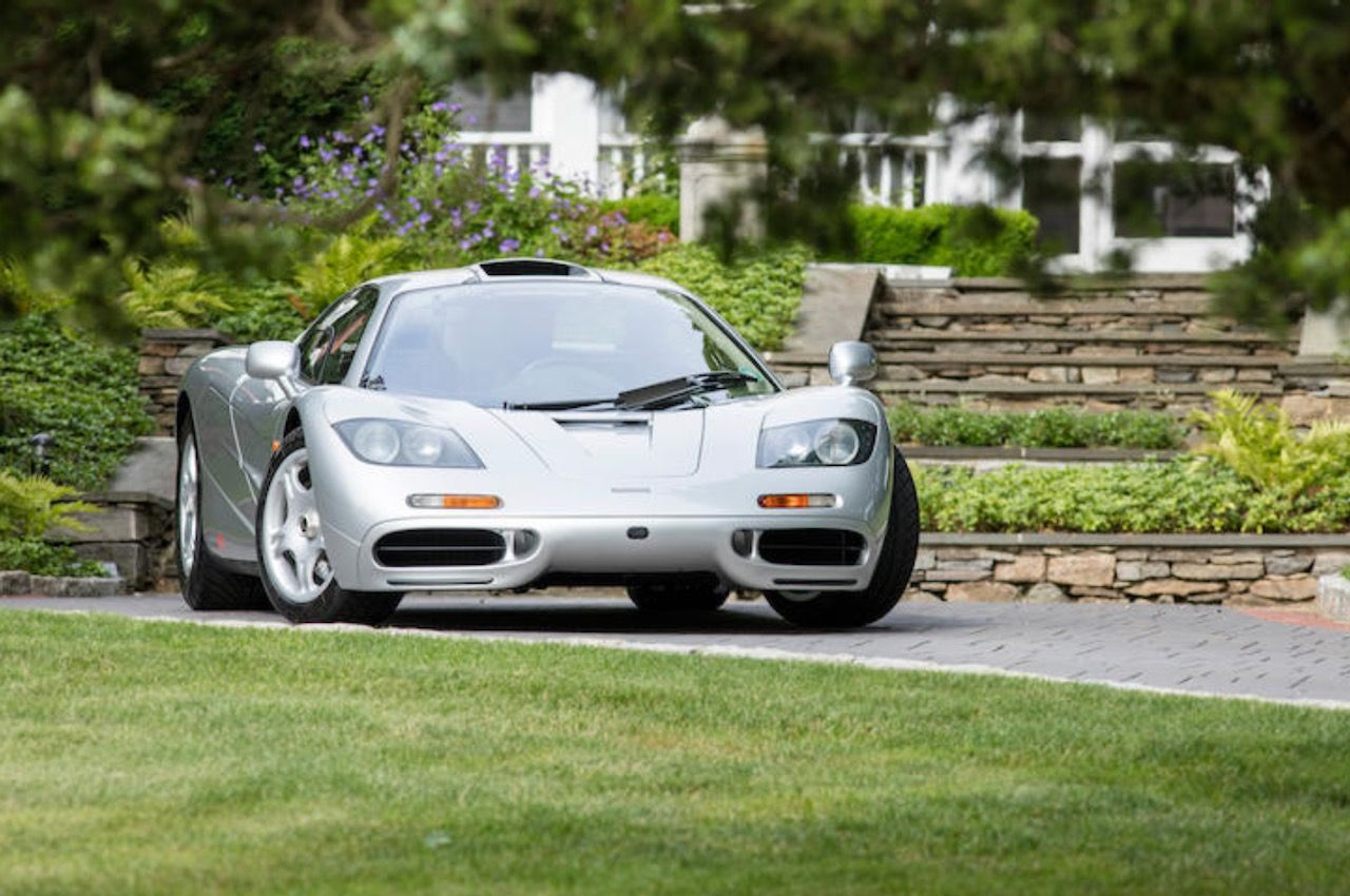 A silver McLaren F1 that was purchased by Lewis Hamilton