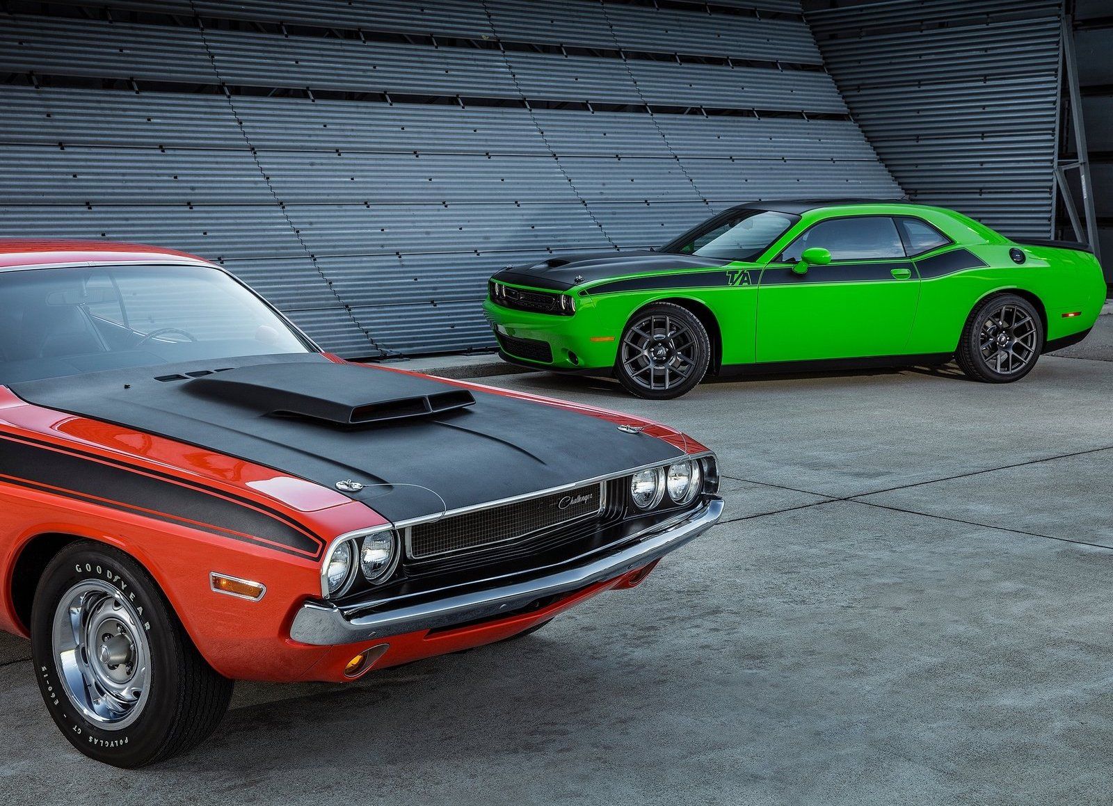1970's and 2020's Dodge Challengers in a photo op