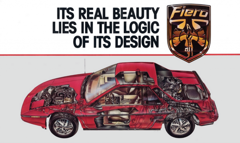 Pontiac Fiero Advertisement - text reads "Its real beauty lies in the logic of its design"