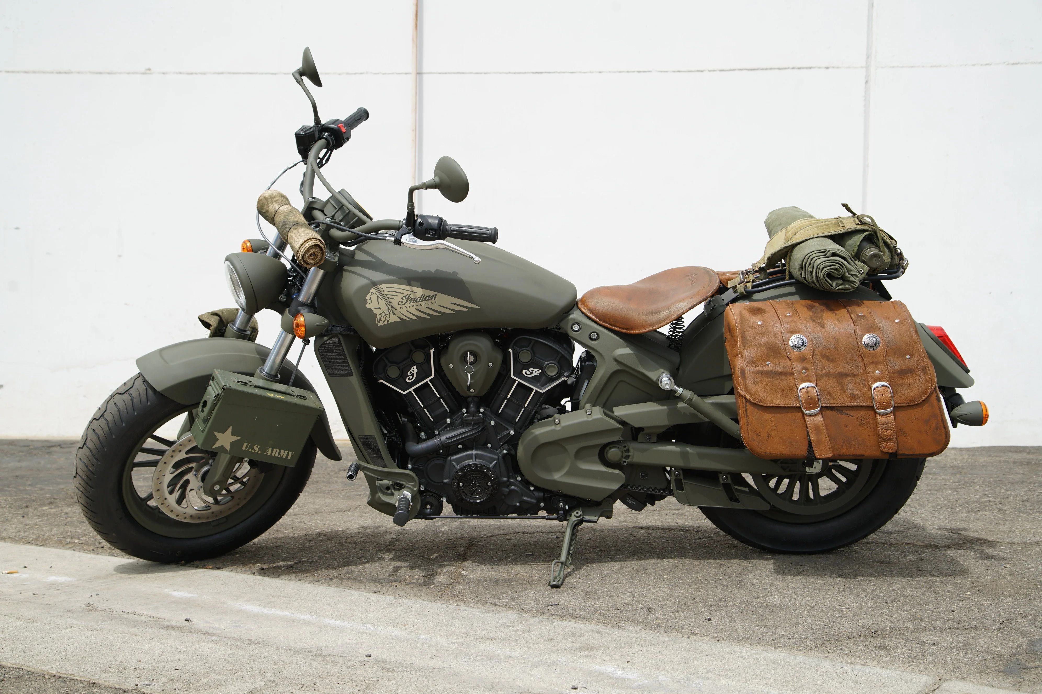 WWII themed Indian Motorcycle with leather saddlebags