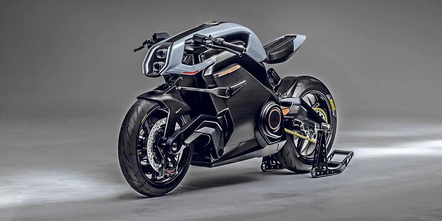 The Arc Vector electric motorcycle sits on a stand in a showroom highlighting its unique design.