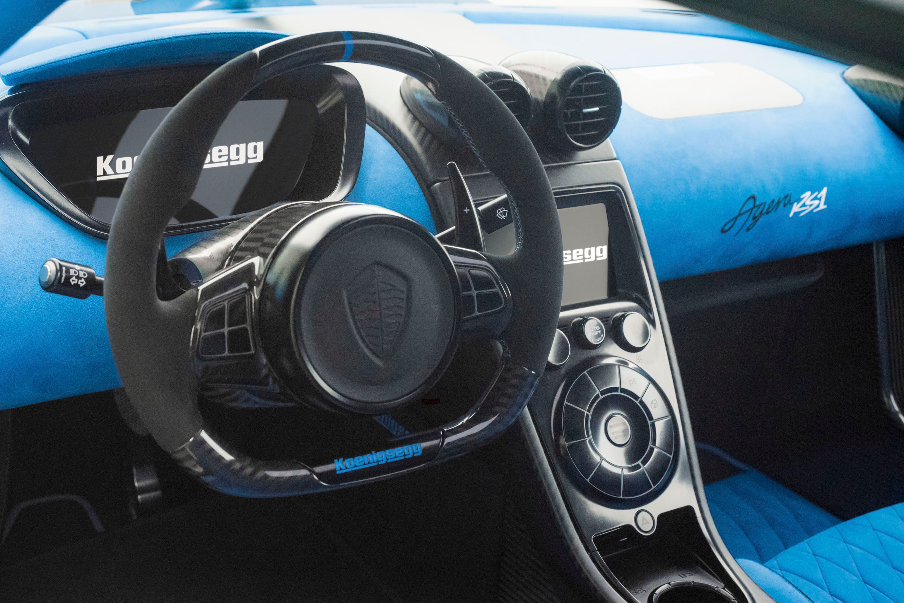 The blue interior of a Koenigsegg Agera RS1