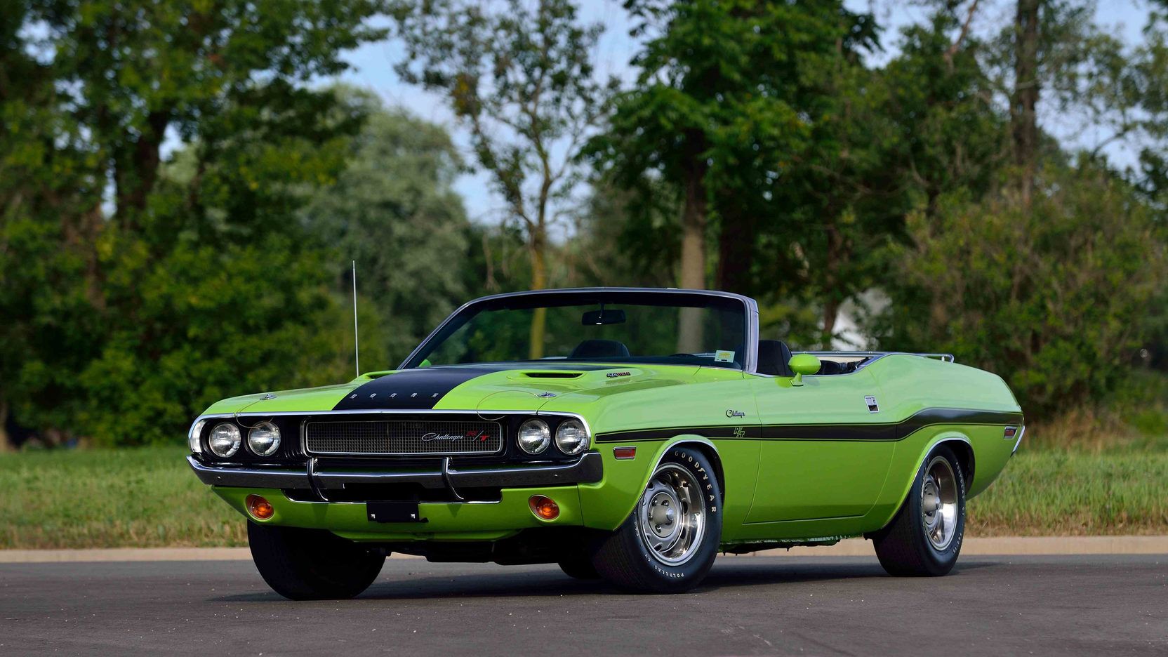 A rare sublime green 1970 Dodge Challenger R/T Hemi Convertible showing off