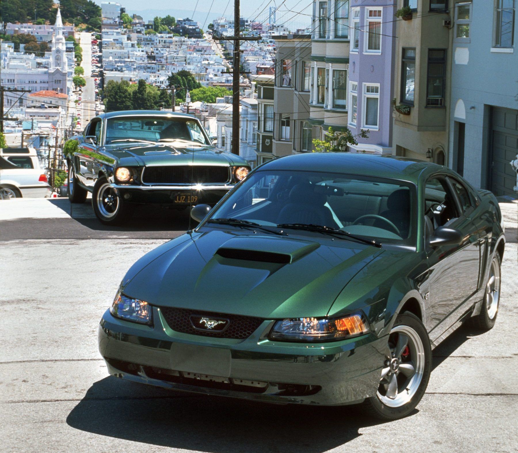 2001 Bullitt Mustang in a photoshoot with the original Bullitt car on San Francisco streets