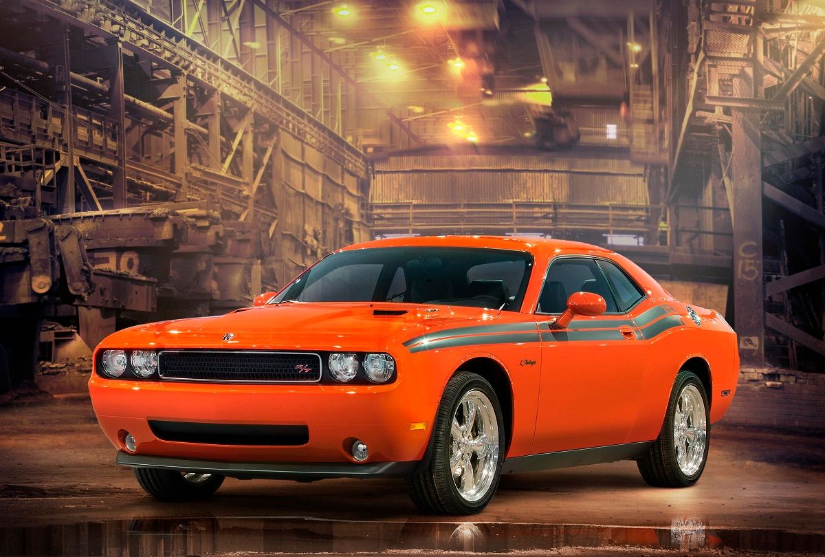 Hemi Orange Pearl 2009 Dodge Challenger R/T Classic at in an old factory plant