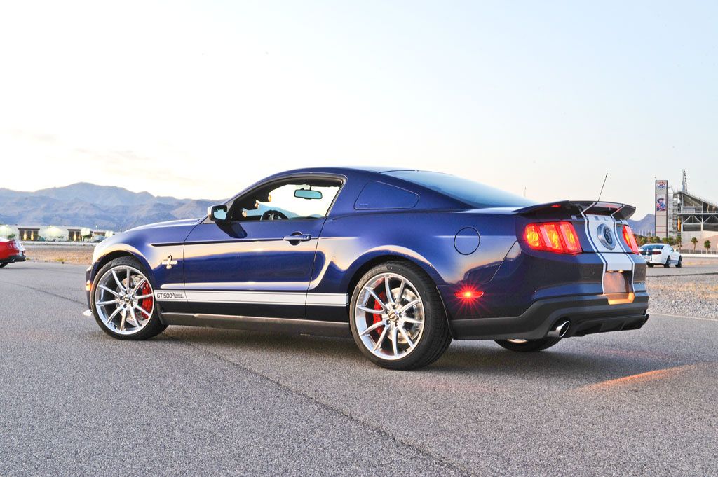 3/4 rear view of a kona blue 2012 Shelby Limited Edition Super Snake on the tarmac