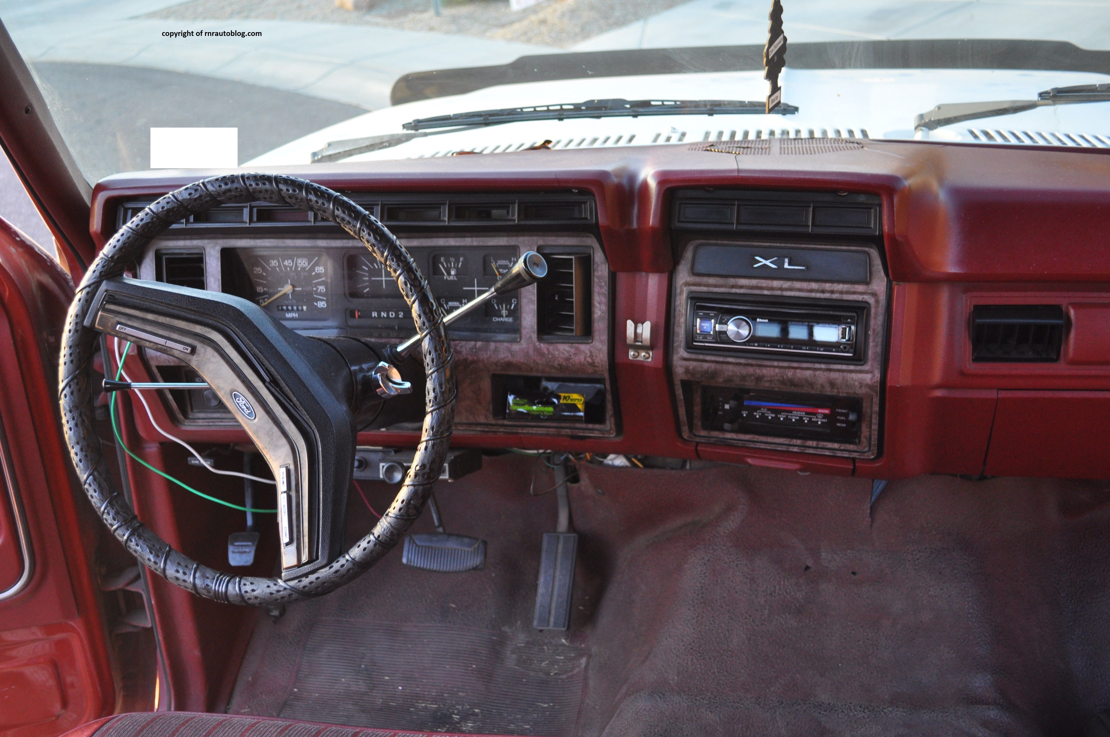 a truck with a striped down interior