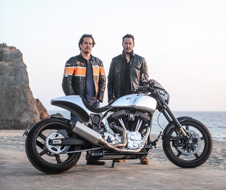 Keanu Reeves, right, with his Arch KRGT-1 super cruiser